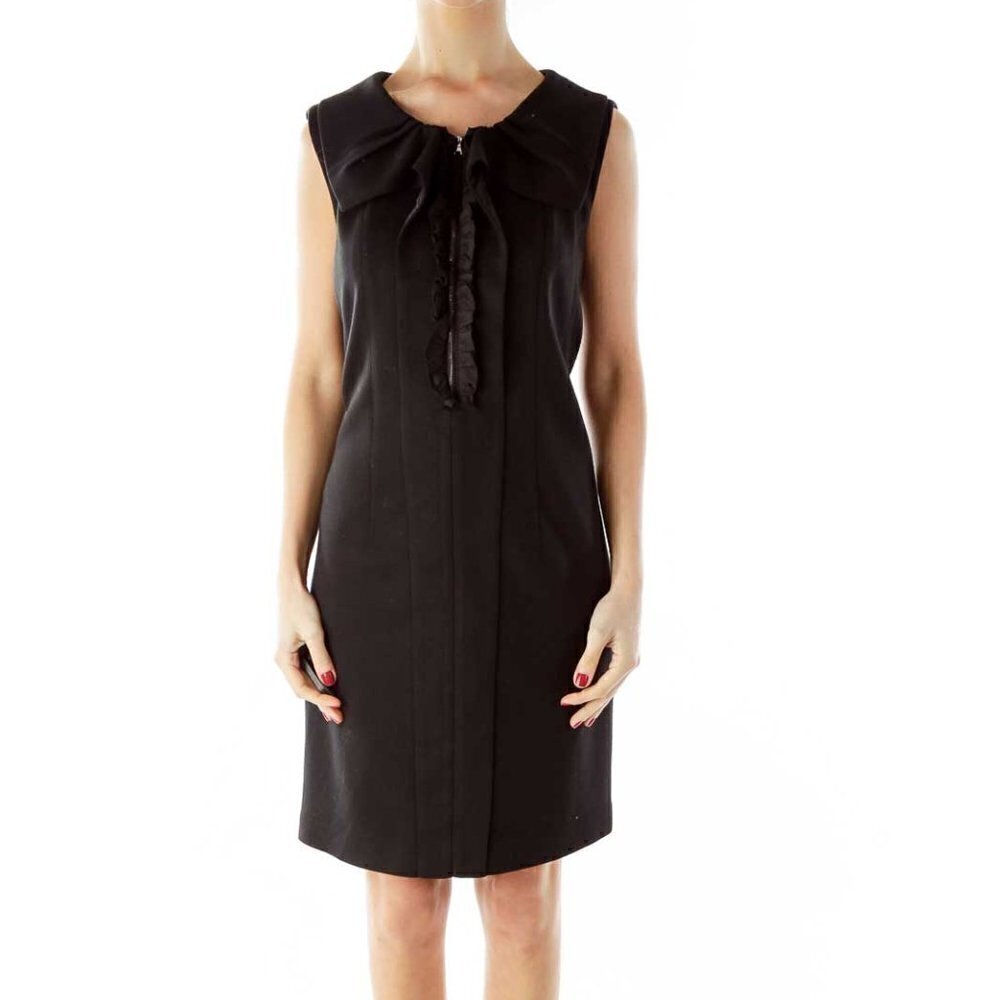 Tahari Black Ruffled Zippered Sleeveless Dress
